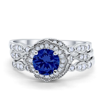 Halo Three Piece Wedding Art Deco Simulated Blue Sapphire CZ Ring Band Solid 925 Sterling Silver